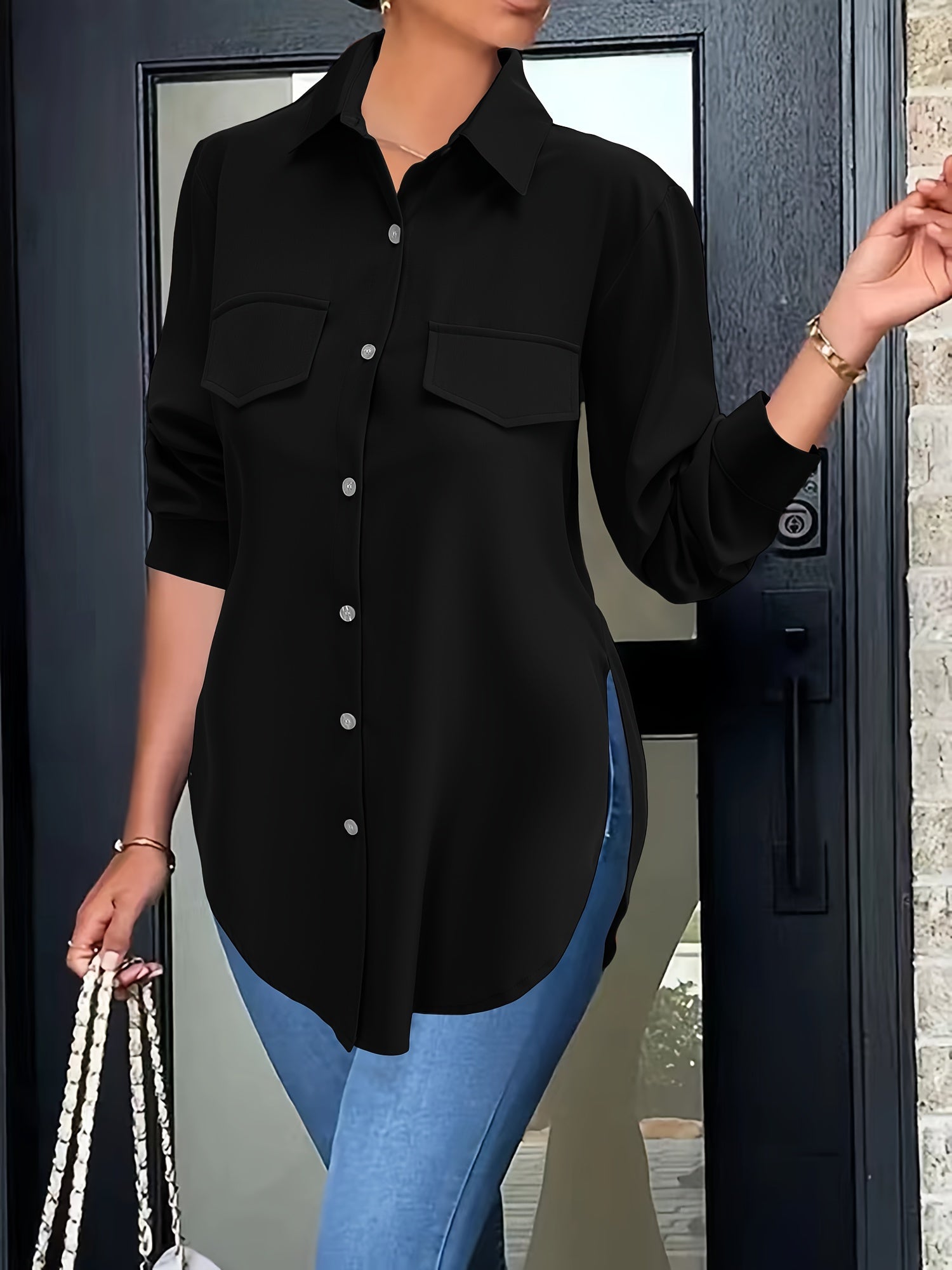 Solid Button Front Simple Shirt, Versatile Shirt For Spring & Fall, Women's Clothing