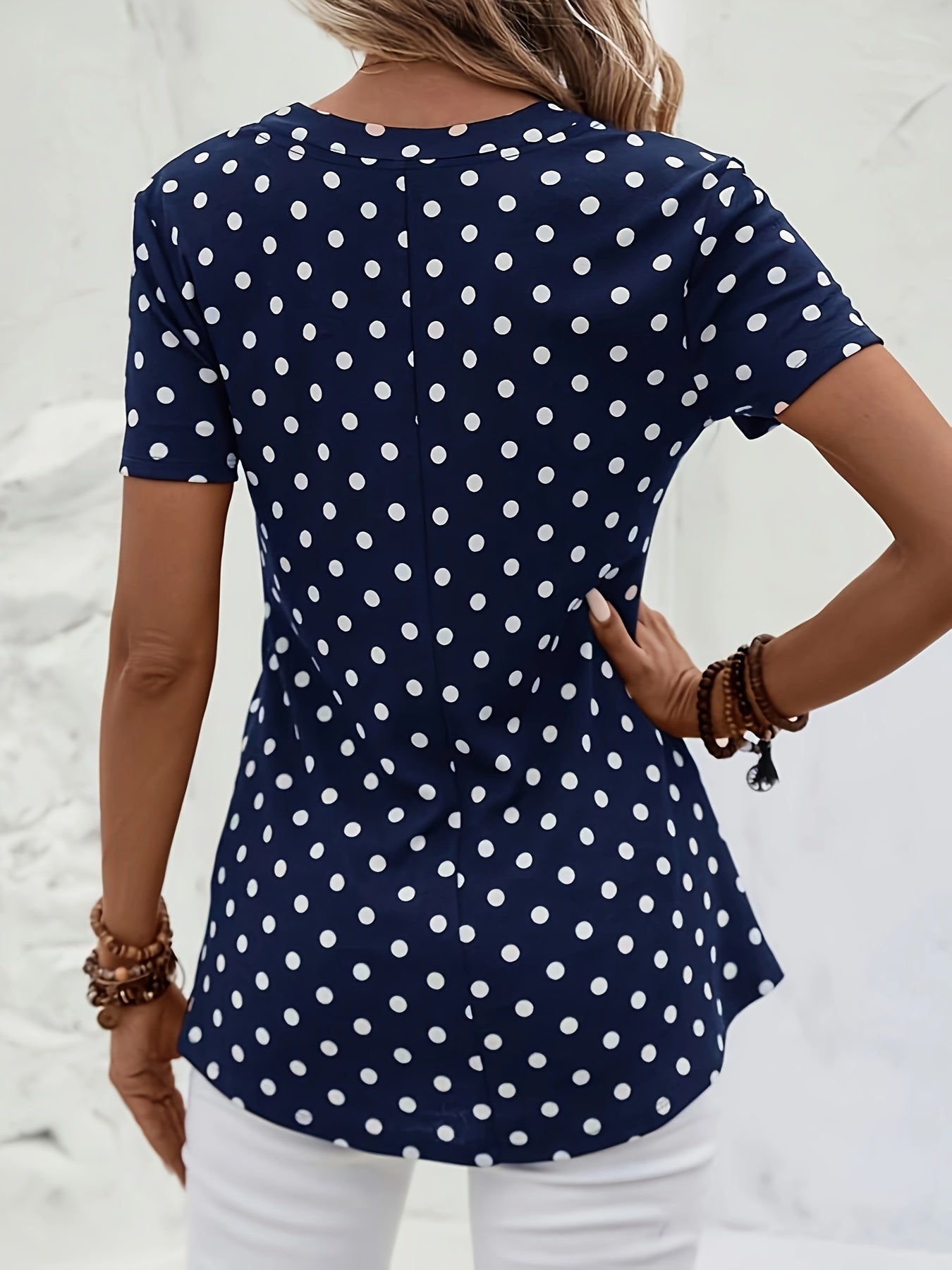 Polka Dots Print V Neck Blouse, Elegant Zipper Front Short Sleeve Blouse For Spring & Summer, Women's Clothing