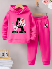 Girls' Casual Polyester Tracksuit with Floral Cat Print Hoodie and Joggers Set, Cozy Fleece-Lined Sweatshirt and Pants Outfit for Fall/Winter - Slight Stretch, Knit Fabric, Ages 12 & Under