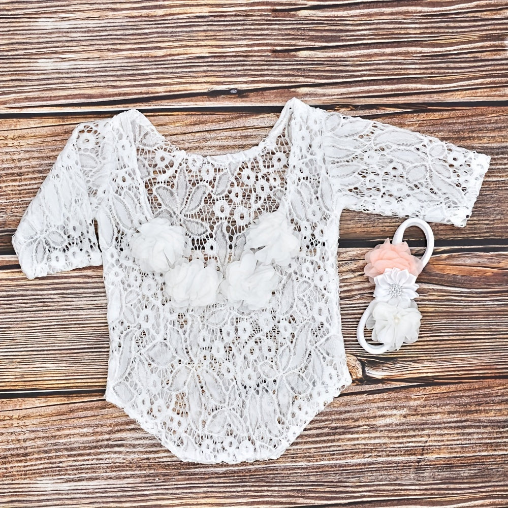 Newborn Lace Romper Photo Clothes, Headband With Artificial Diamond Pearl Hair Accessories, Infant Chiffon Lace Photography Long Sleeve Embroidered Stretch Lace Romper