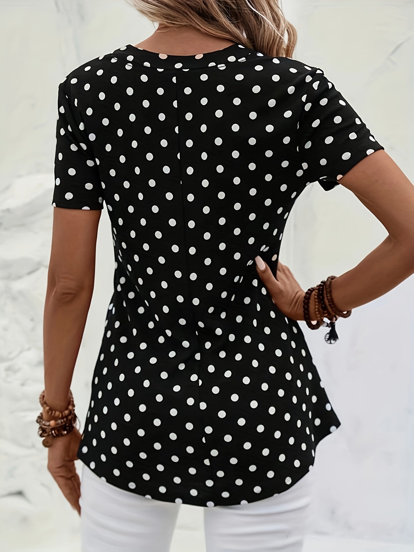 Polka Dots Print V Neck Blouse, Elegant Zipper Front Short Sleeve Blouse For Spring & Summer, Women's Clothing