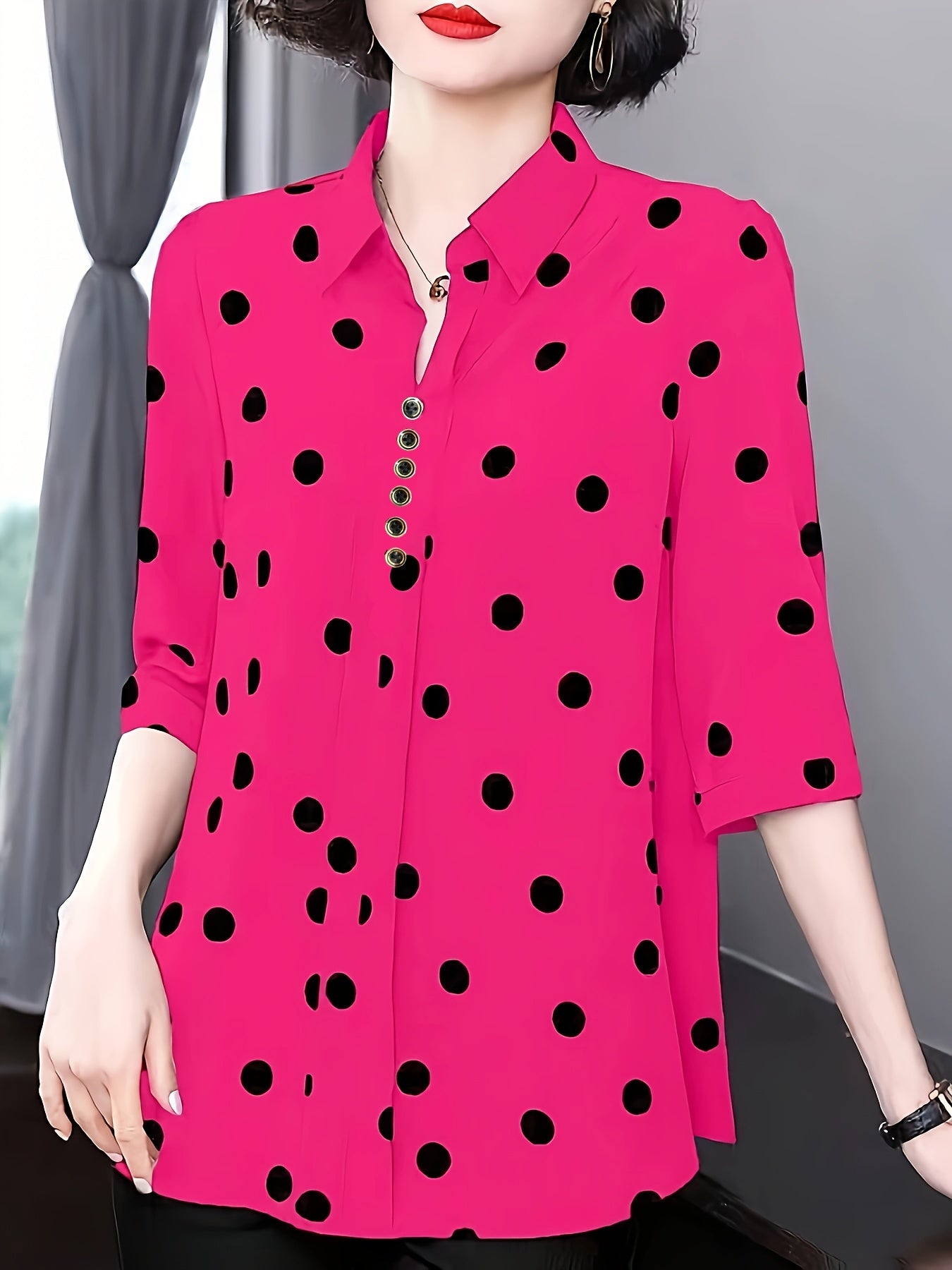 Polka Dot Print Lapel Blouse, Casual Half Sleeve Top For Spring & Summer, Women's Clothing