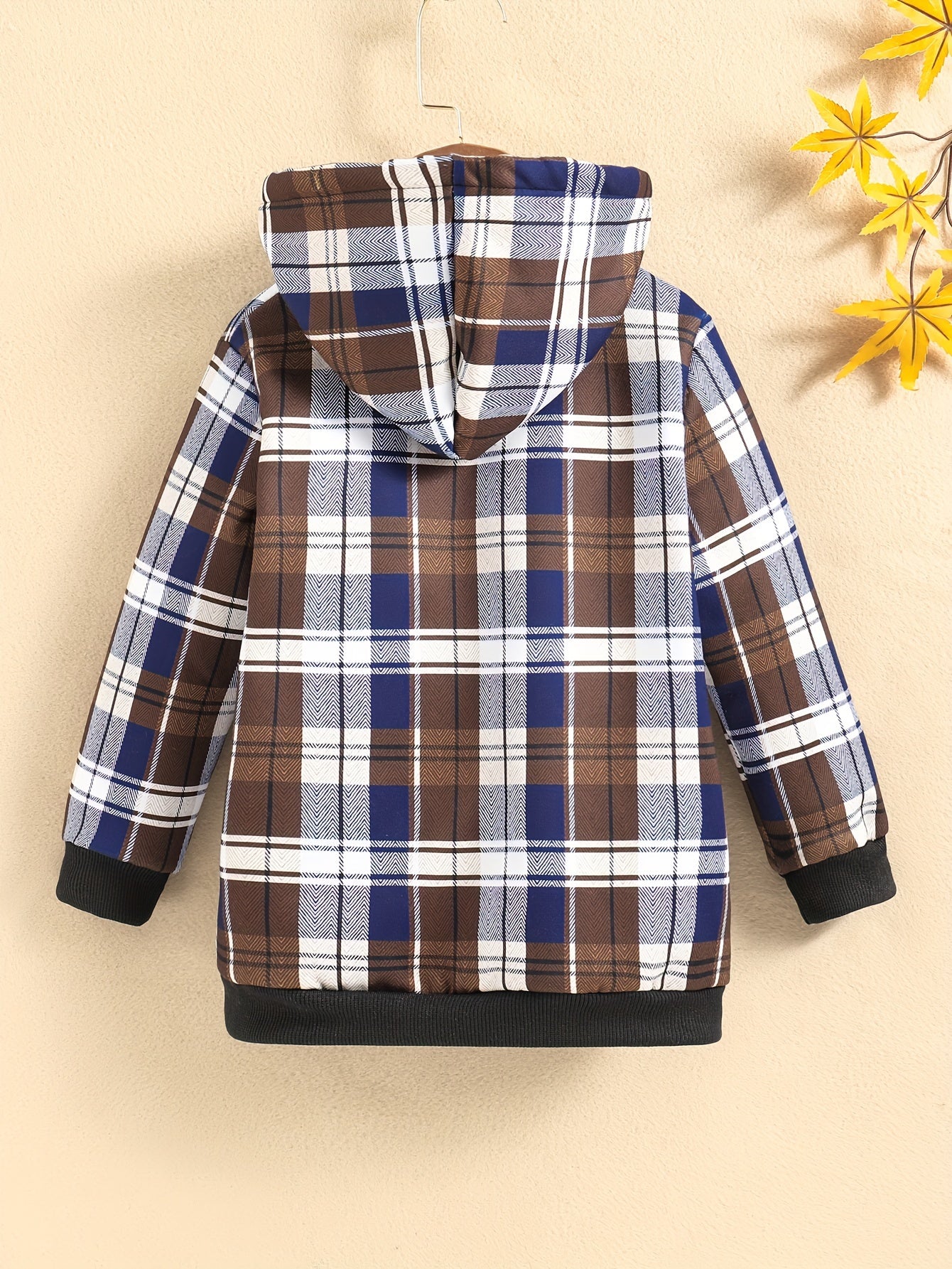 Boys Casual Plaid Fleece Lined Zip Up Hooded Jacket, Boys Clothes For Fall Winter