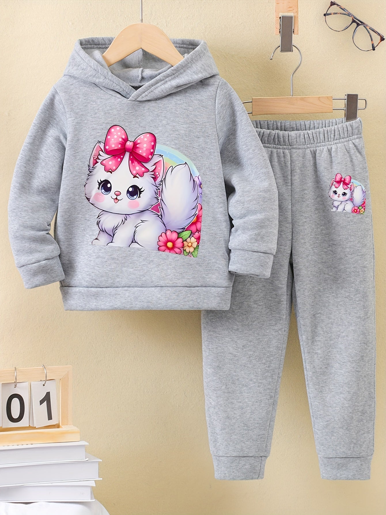 Girl's Winter Hoodie and Leggings Set: Soft Fleece, Pink Bow, and Cute Kitty Design