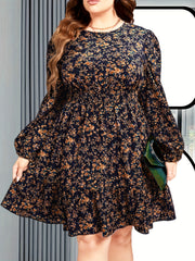 Plus Size Floral Print Dress, Elegant Long Sleeve Crew Neck Dress For Spring & Summer, Women's Plus Size Clothing