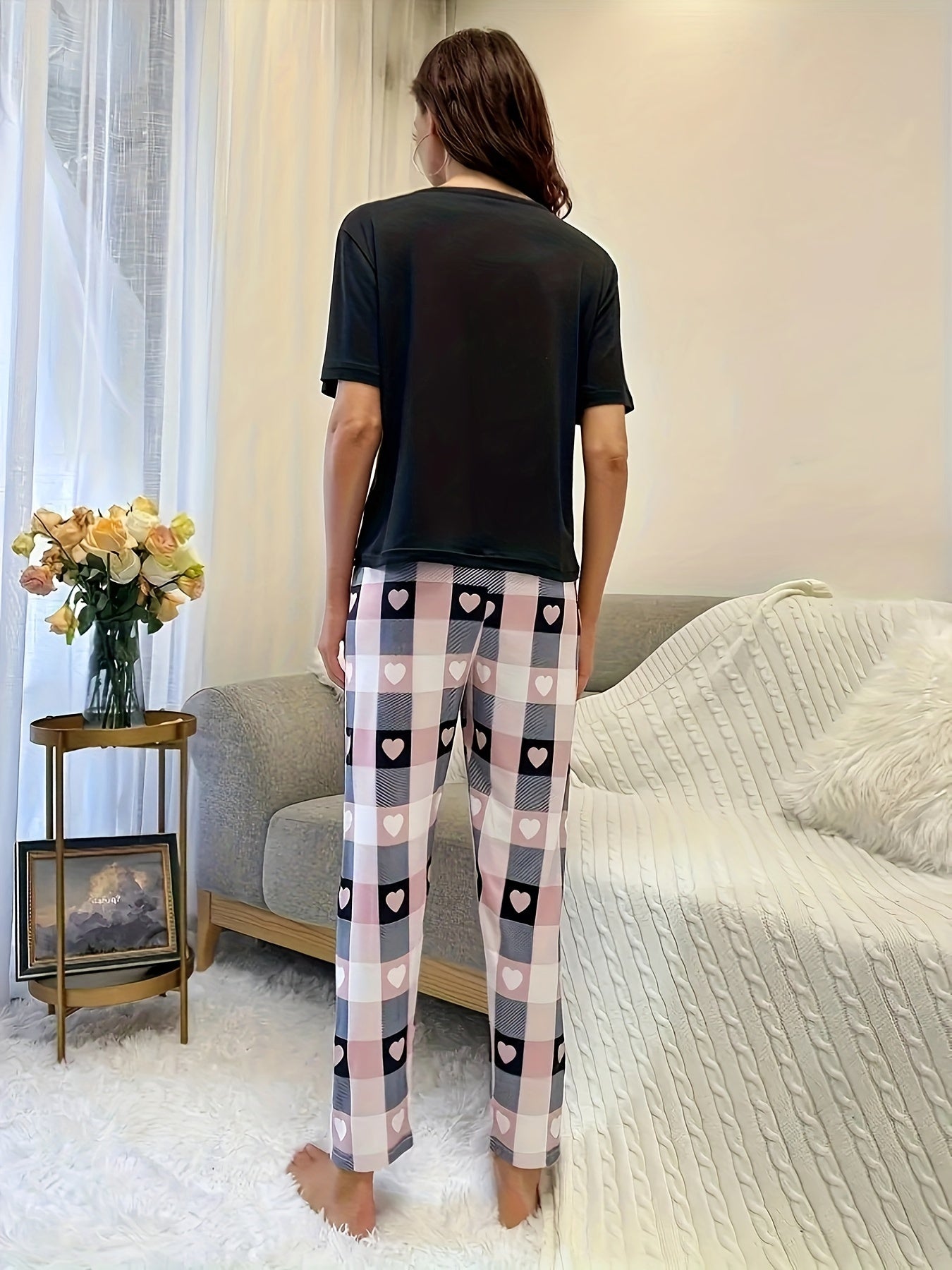 Romantic Heart Print Womens Two-piece Set - Lightweight Short Sleeve T-shirt & Flattering Wide Leg Pants Outfit - Fashionable Casual Wear for Everyday Style