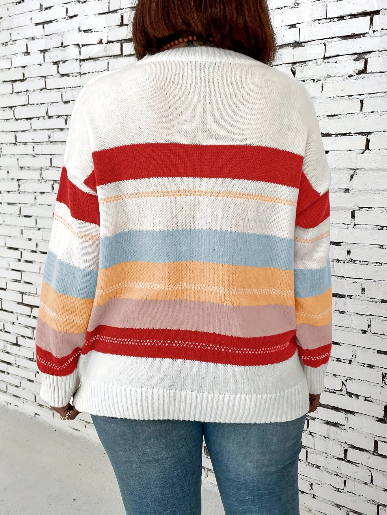 Plus Size Color Block Crew Neck Sweater, Casual Drop Shoulder Long Sleeve Sweater For Fall & Winter, Women's Plus Size Clothing