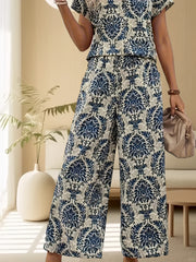 Damask Print Elegant Pantsuits, Short Sleeve V Neck Blouse & Wide Leg High Waist Pocket Pants Outfits, Women's Clothing