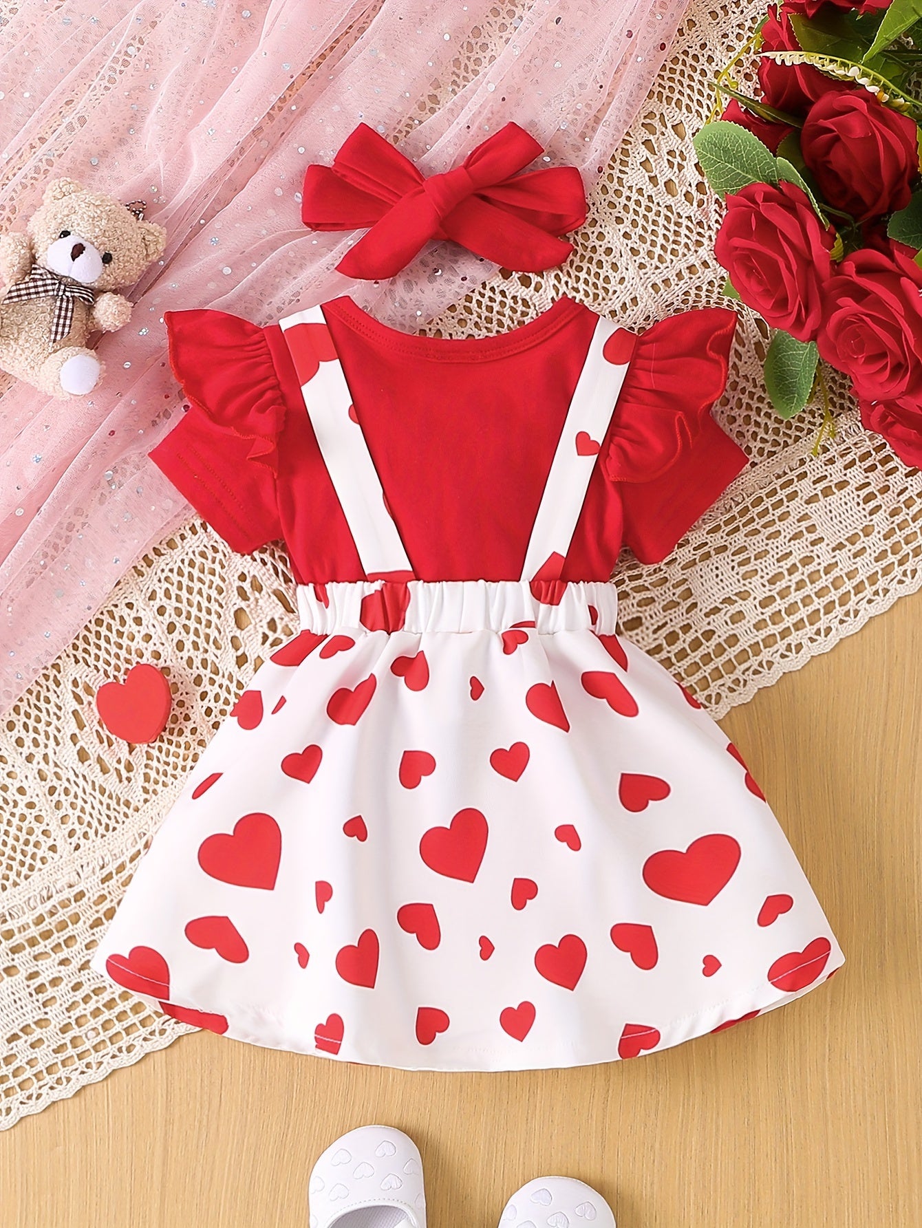 Baby's Cute Bear Patchwork 2pcs Summer Outfit, Ruffled Bodysuit & Suspender Overall Dress Set, Toddler & Infant Girl's Clothes For Daily Wear/Holiday/Party