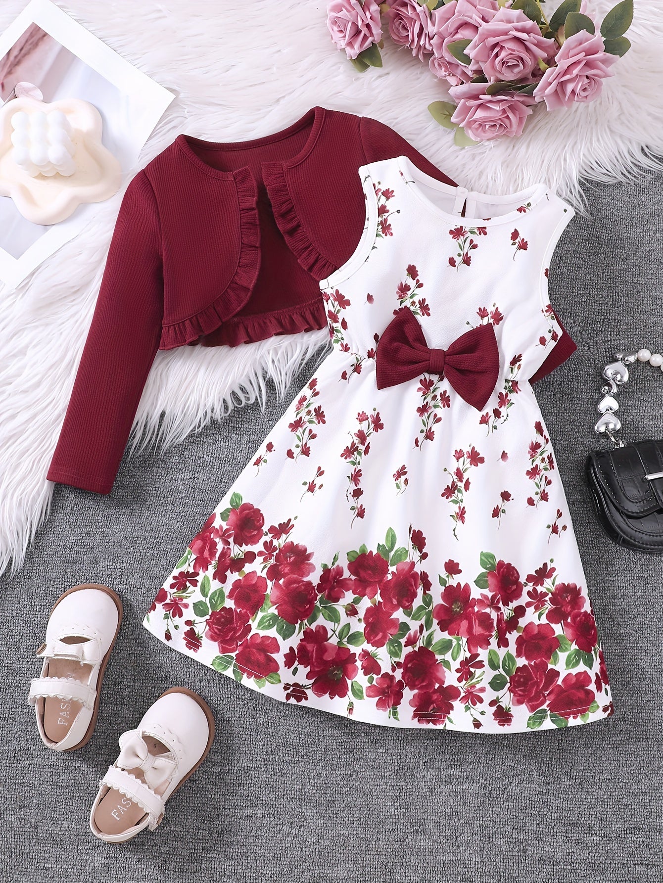 Sweet Girls 2pcs Solid Frill Trim Long Sleeve Outerwear + Flower Graphic Sleeveless Dress Set For Summer Party Gift