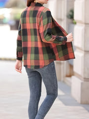 Plaid Print Button Front Blouse, Casual Long Sleeve Blouse For Spring & Fall, Women's Clothing