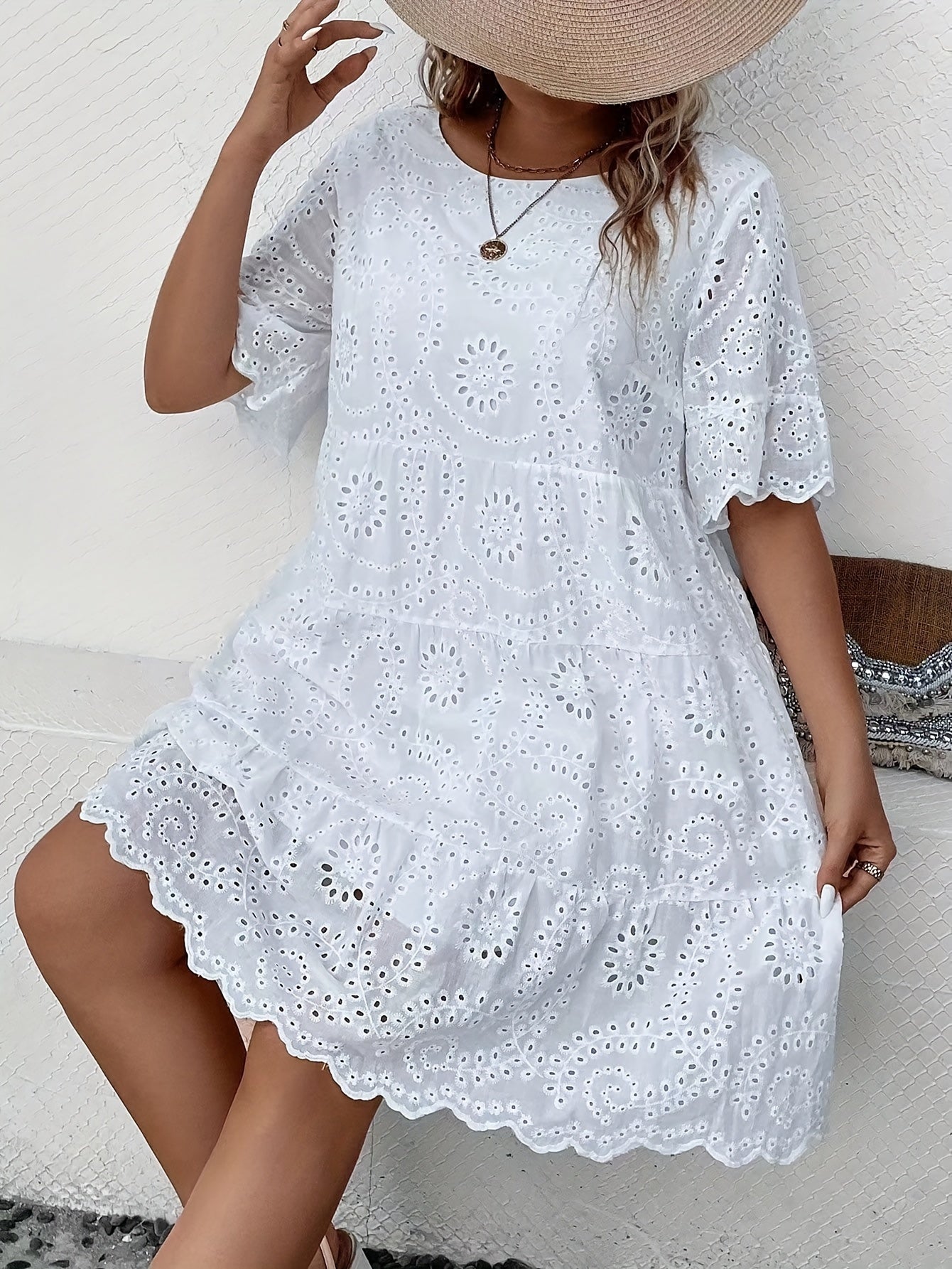 Plus Size Eyelet Embroidery Solid Dress, Elegant Scallop Trim Cut Out Short Sleeve Crew Neck Dress, Women's Plus Size Clothing