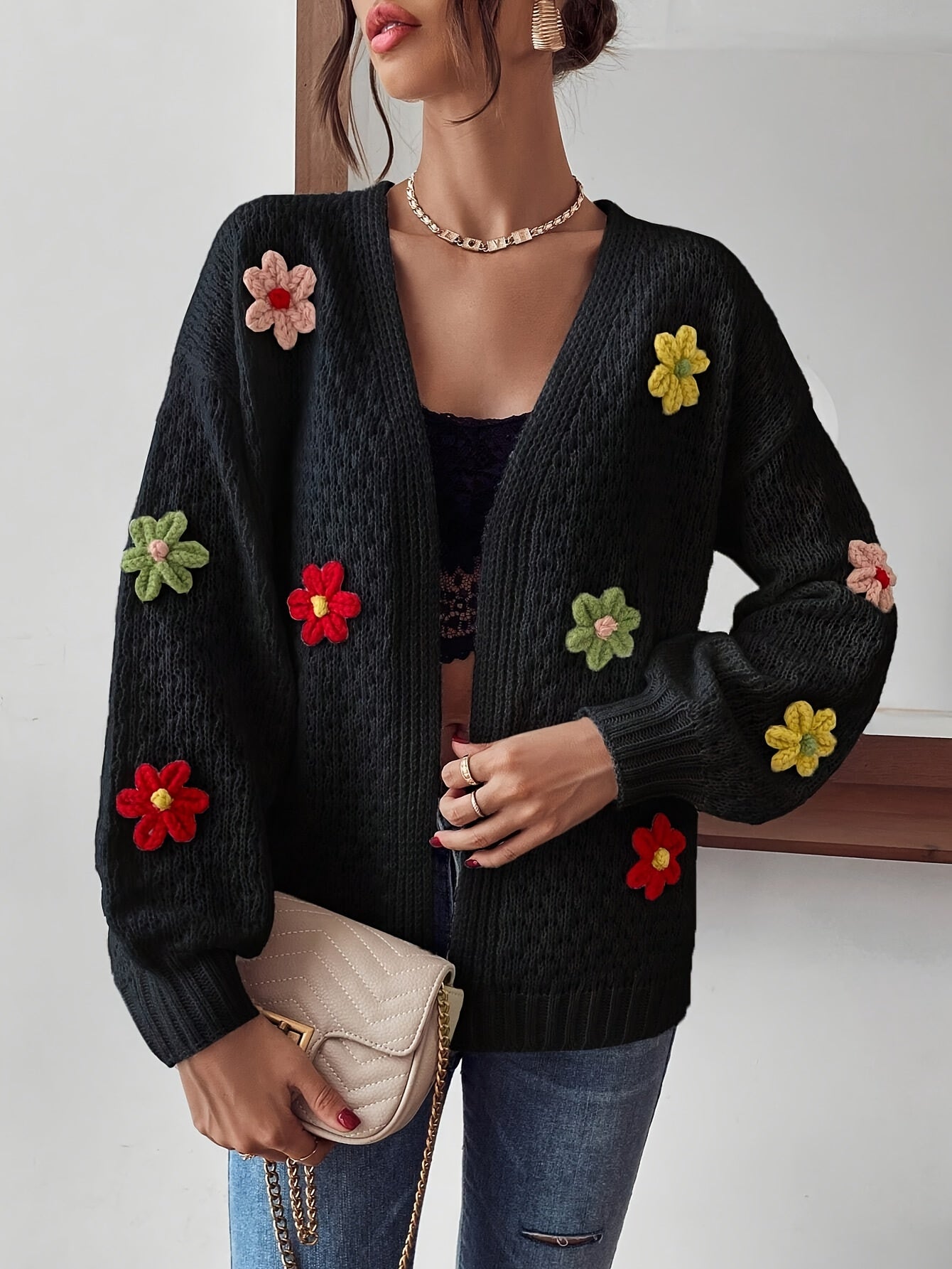 Floral Texture Open Front Cardigan, Casual Long Sleeve Cardigan For Fall & Winter, Women's Clothing