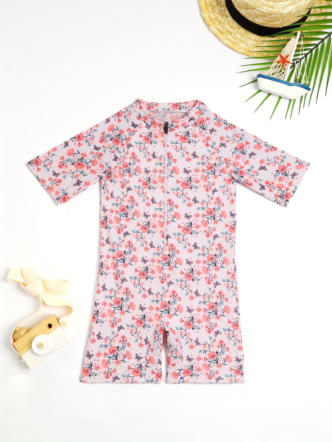 1-Piece Trendy Girls Floral Print Swimsuit With Short Sleeves And Zipper For Easy Wear, Swimming Pool Beach Holiday Bathing Suits