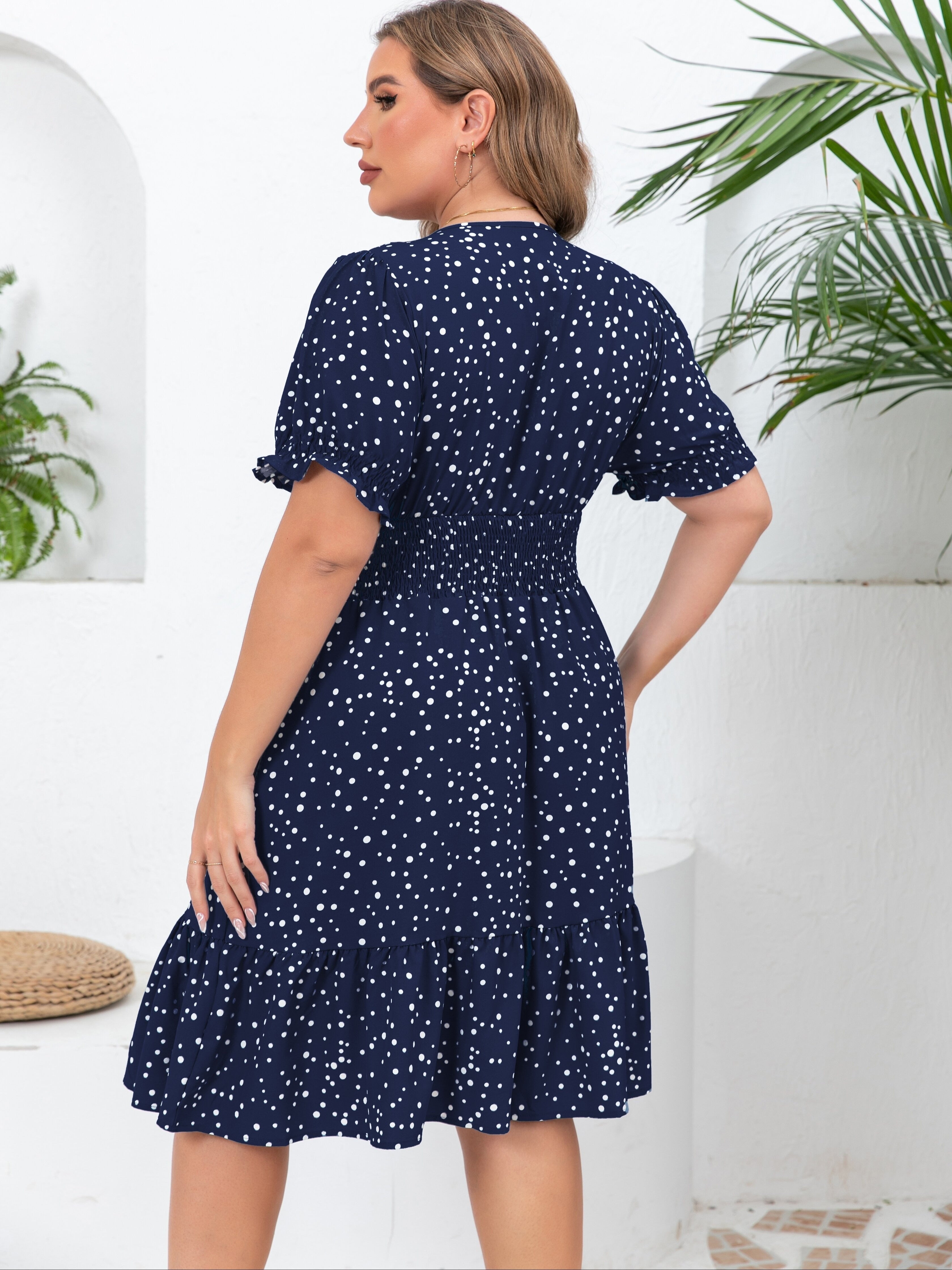 Plus Size Polka Dot Charm - Flattering Shirred Waist Dress with Ruffle Hem - Short Sleeve Surplice Neck for Spring & Summer Elegance - Womens Plus Size Fashion