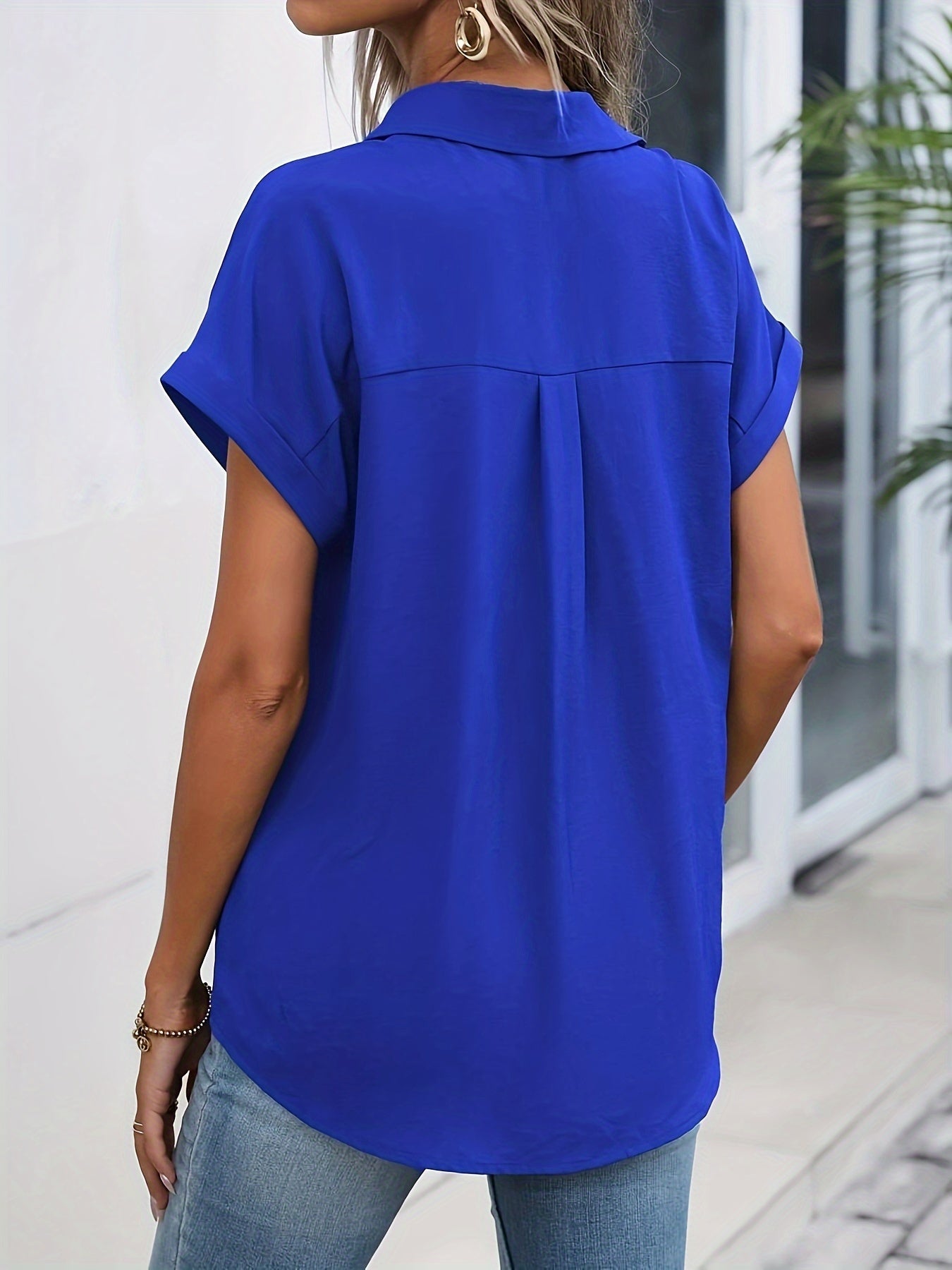 Solid Button Front Simple Blouse, Casual Batwing Sleeve Blouse For Spring & Summer, Women's Clothing