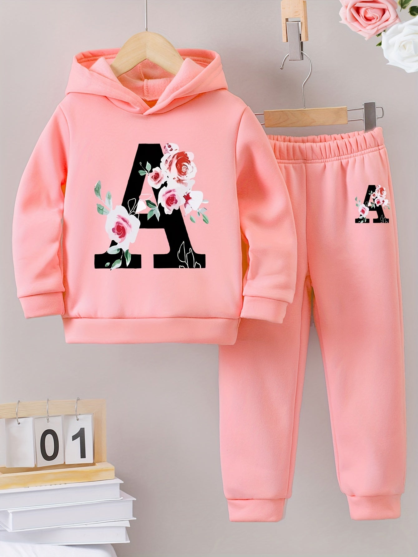 Girls' Casual Polyester Tracksuit with Floral Cat Print Hoodie and Joggers Set, Cozy Fleece-Lined Sweatshirt and Pants Outfit for Fall/Winter - Slight Stretch, Knit Fabric, Ages 12 & Under