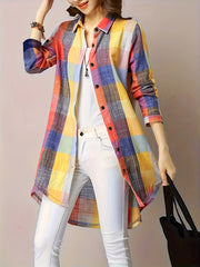 Plaid Print Button Front Shirt, Casual Lapel Neck Long Sleeve Long Shirt For Spring & Fall, Women's Clothing