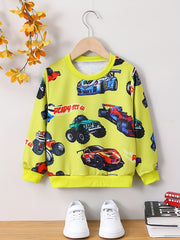 Cartoon Car Print Boys Casual Creative Pullover Sweatshirt, Long Sleeve Crew Neck Tops, Kids Clothing Outdoor