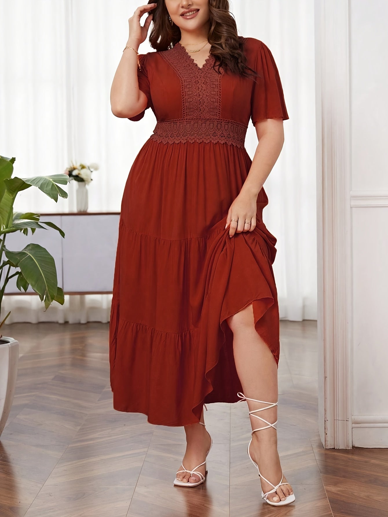 Plus Size Lace Stitching Dress, Casual Short Sleeve V Neck Dress For Spring & Summer, Women's Plus Size Clothing