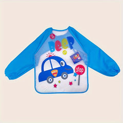 Blue Vehicle-Themed Bib For Toddlers, Stain-Resistant Polyester Feeding Smock, 0-6 Years