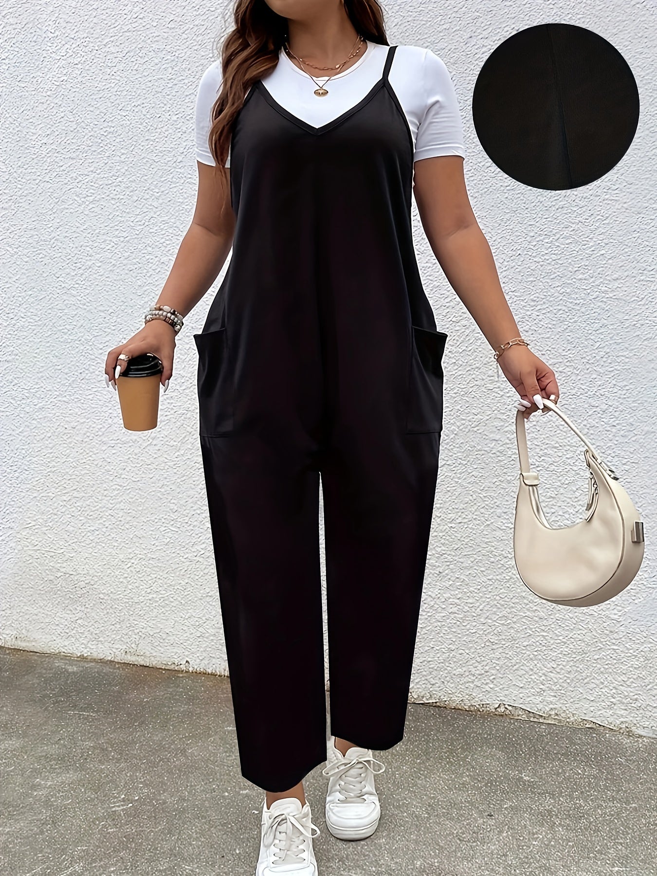 Plus Size Solid Color Pockets Overall Jumpsuit, Casual V Neck Overall Jumpsuit For Spring & Summer, Women's Plus Size Clothing