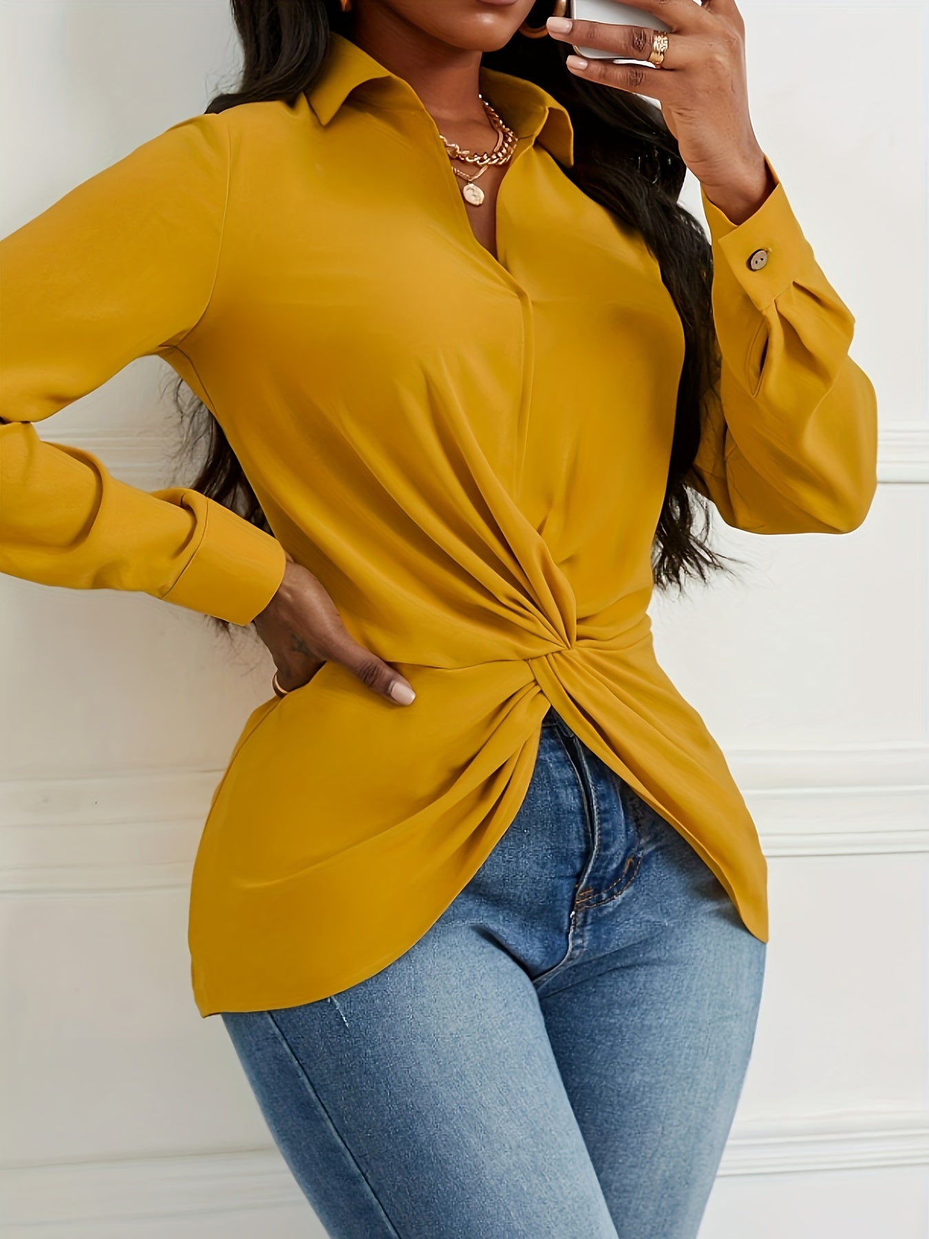 Twist Asymmetrical Plain Color V Neck Blouse, Chic Long Sleeve Blouse For Spring & Fall, Women's Clothing