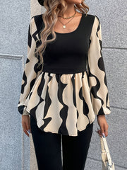 Abstract Print 2 In 1 Blouse, Elegant Scoop Neck Long Sleeve Flare Top For Spring & Fall, Women's Clothing