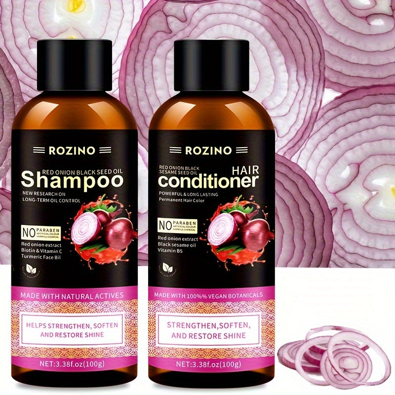 2pcs/Set Red Onion Black Seed Oil Wash And Care Set, Natural Onion Extracts For Deep Moisturizing Hair, Healthy Hair, Making Hair Natural And Smooth, travel essential