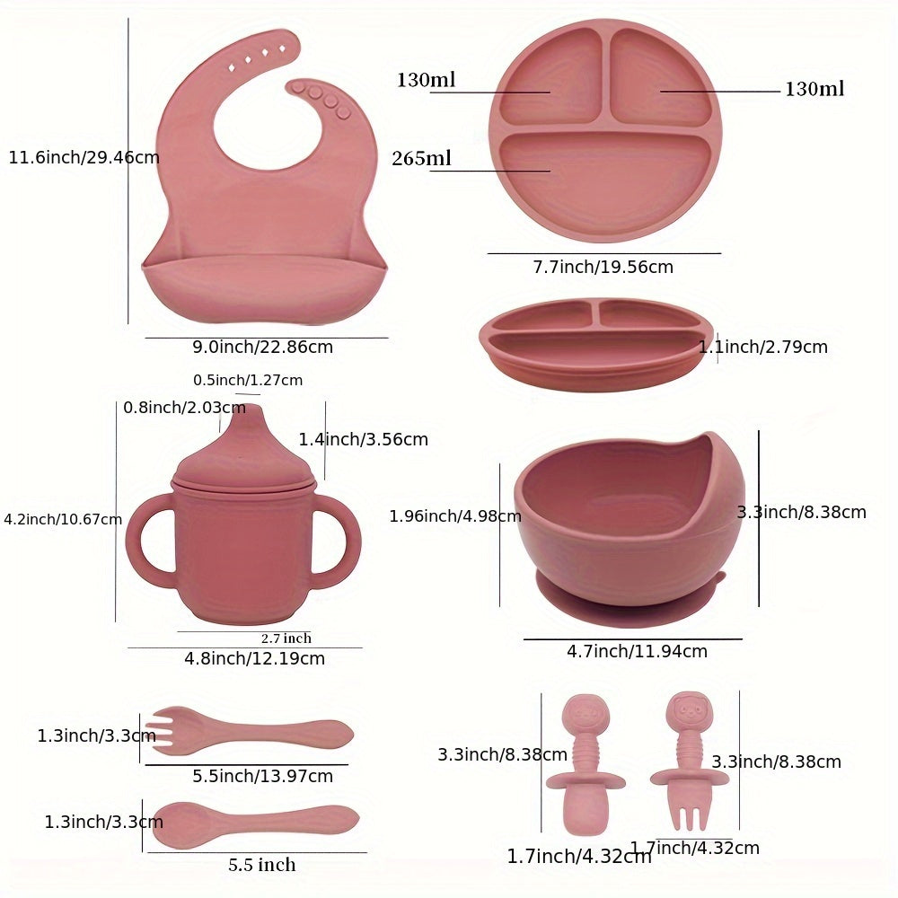 Premium Silicone Baby Feeding Tableware Set 8pcs/set with Bib Plate Bowl Cup Spoon Forks Safe Non-slip Durable Christmas Halloween Thanksgiving Gifts