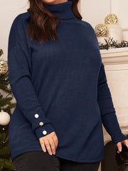 Plus Size Elegant Sweater, Women's Plus Button Decor Long Sleeve Turtleneck Slight Stretch Pullover Jumper