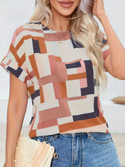 Color Block Crew Neck Blouse, Elegant Short Sleeve Blouse For Every Day, Women's Clothing