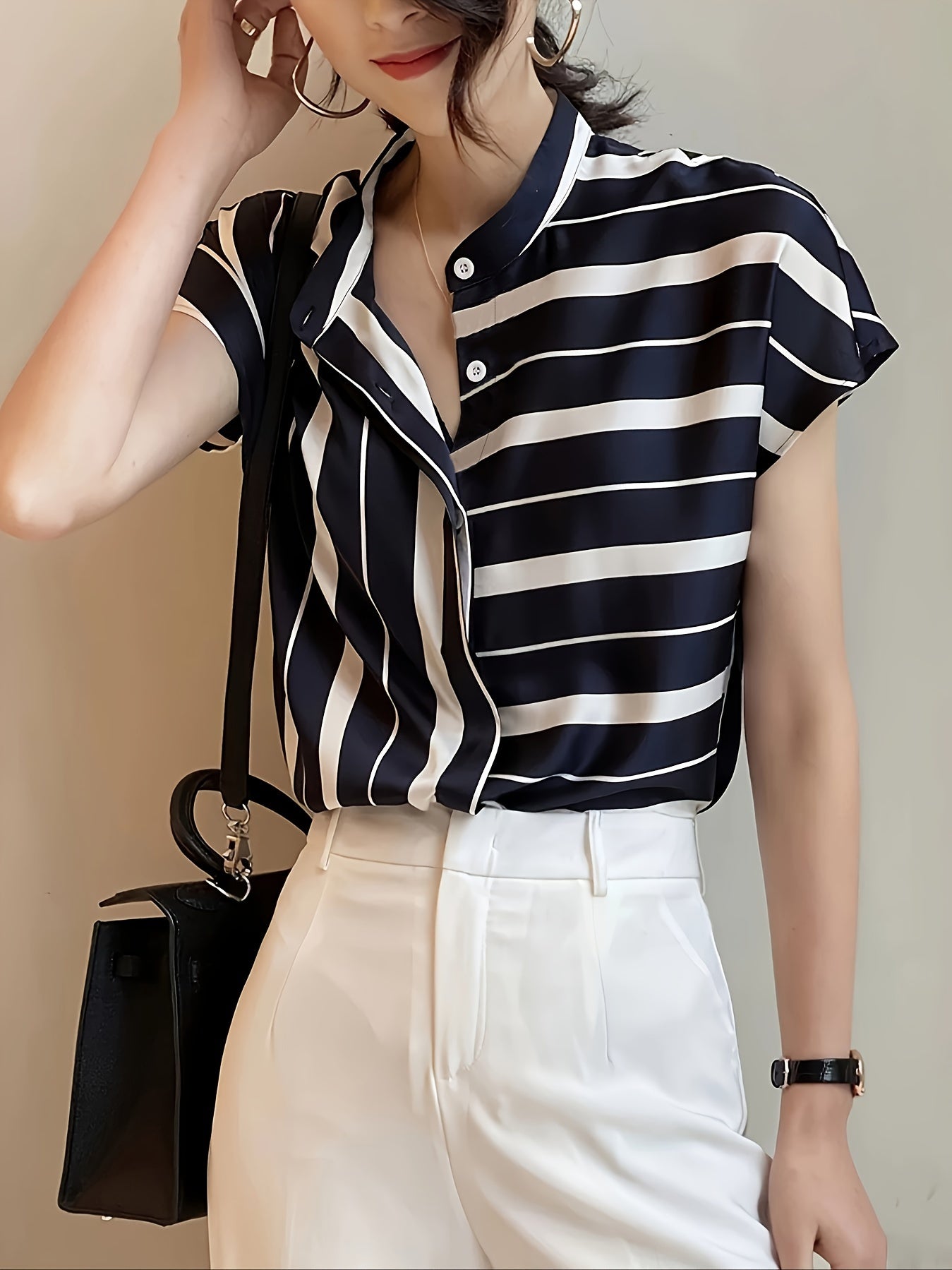 Stripe Print Button Front Blouse, Casual Short Batwing Sleeve Top For Spring & Summer, Women's Clothing