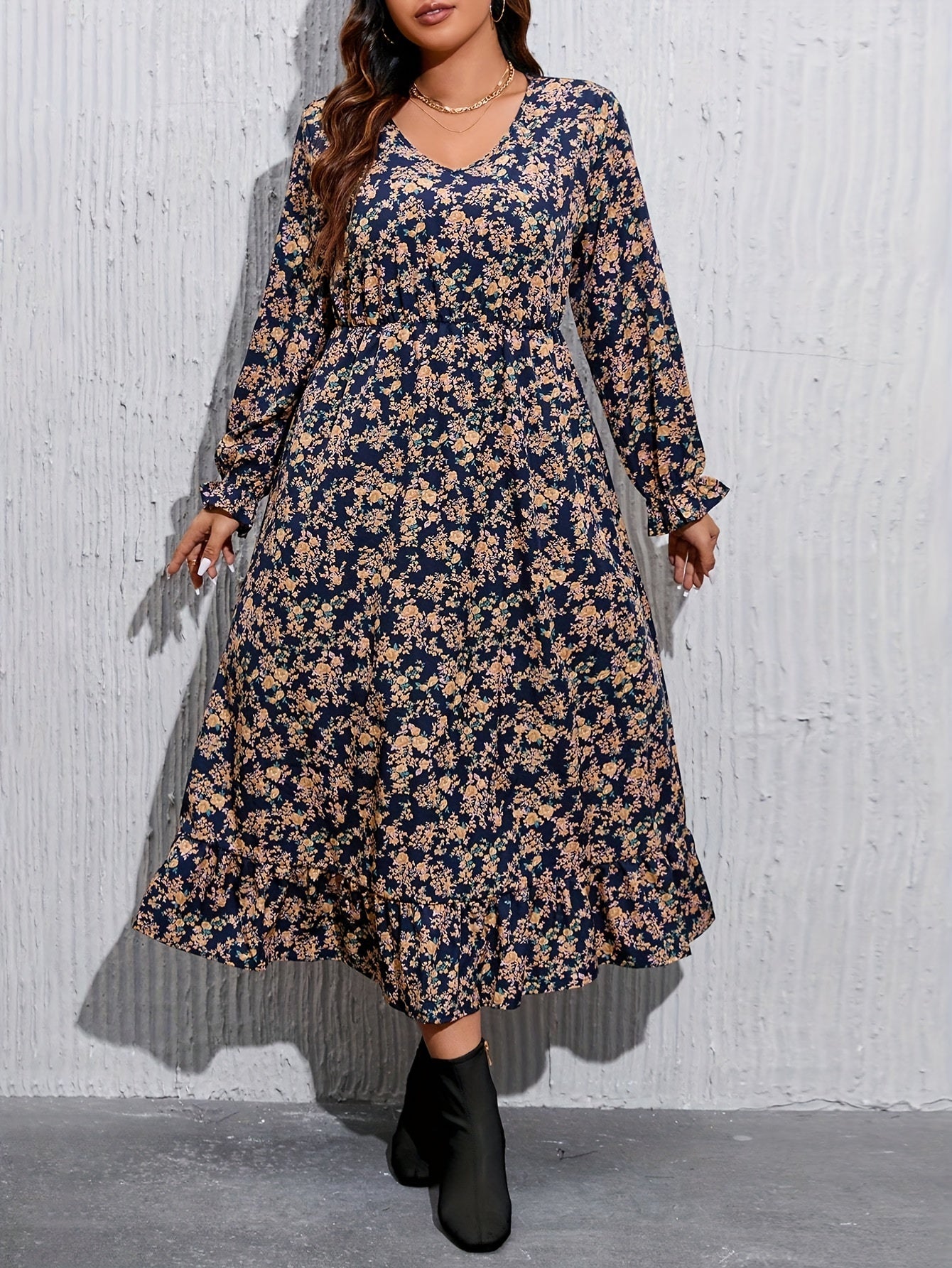 Plus Size Floral Print Cinched Waist Dress, Vacation Style Ruffle Hem Long Sleeve V Neck Midi Dress For Spring & Fall, Women's Plus Size Clothing