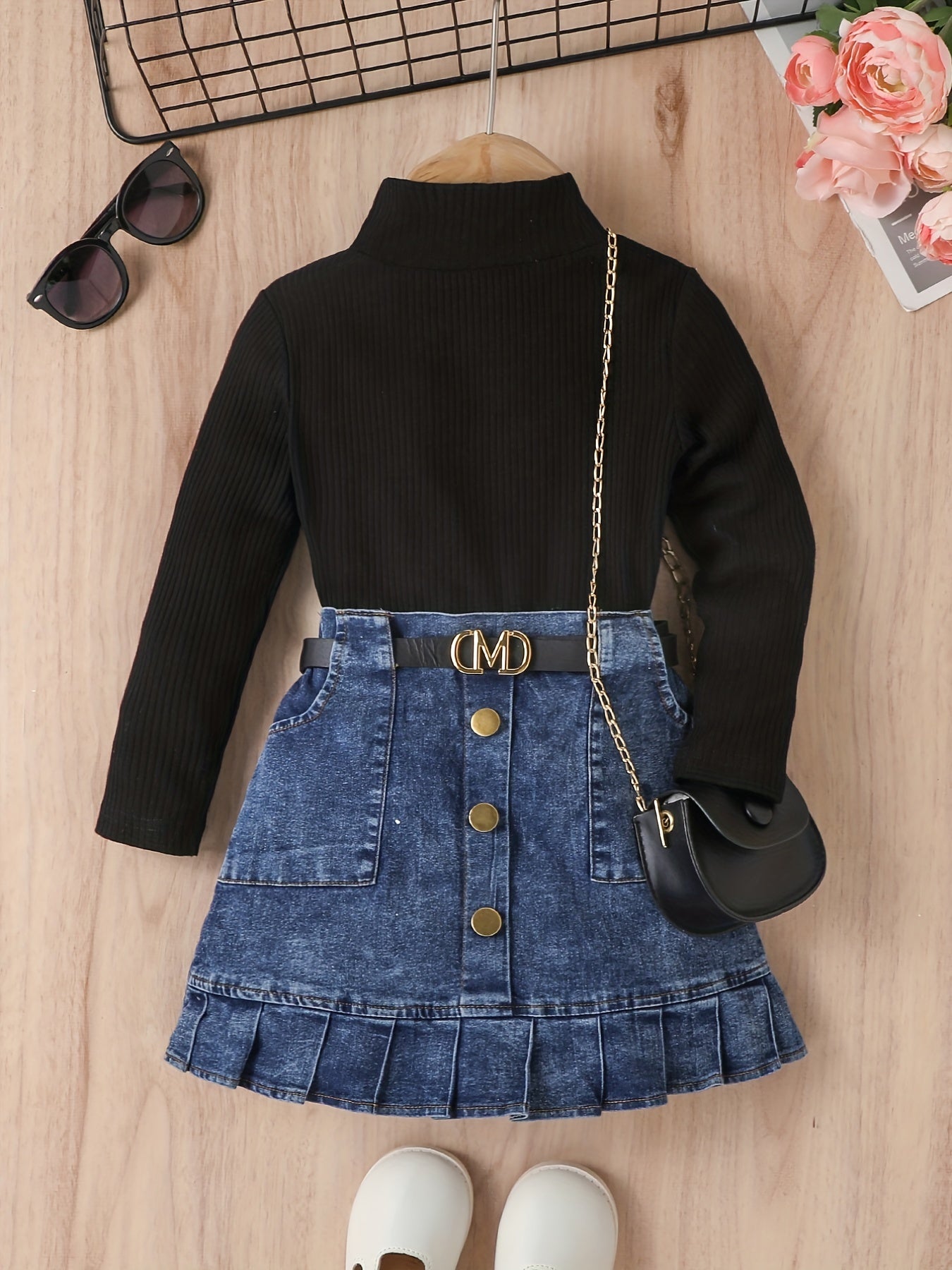 Girl's Trendy Outfit 2pcs, Mock Neck Ribbed Top & Belted Denim Skirt Set, Kid's Clothes For Spring Autumn