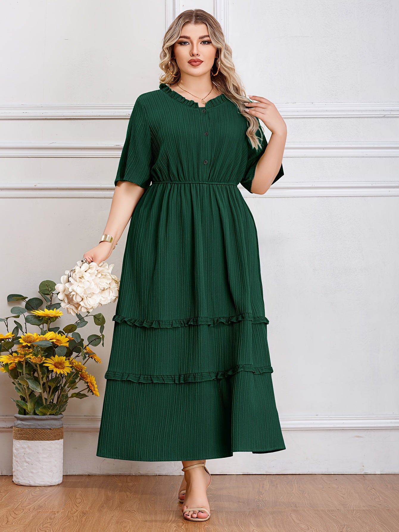 Plus Size Textured Solid Lettuce Trim Dress, Casual Crew Neck Short Sleeve Midi Dress, Women's Plus Size Clothing