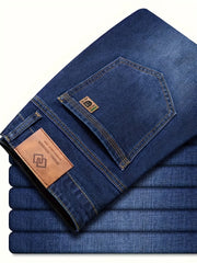 Men's Solid Denim Pants With Pockets, Formal Cotton Blend Jeans For Outdoor Activities