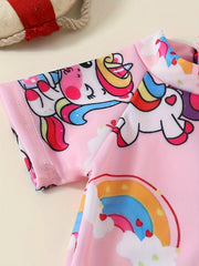 Toddler's Cartoon Rainbow Unicorn Pattern One-piece Swimsuit, Stretchy Short Sleeve Bathing Suit, Baby Girl's Swimwear For Summer Beach Holiday