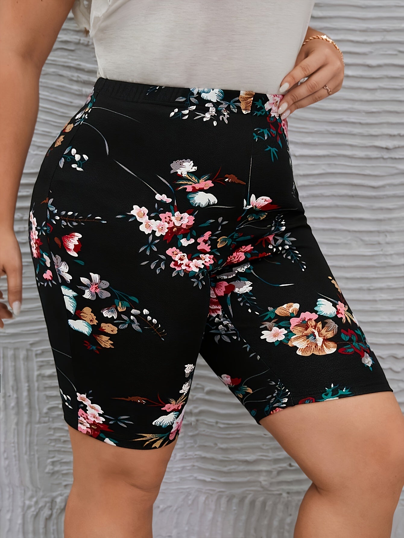 Plus Size Floral Print High Waist Leggings, Vacation Style Short Leggings For Spring & Summer, Women's Plus Size Clothing