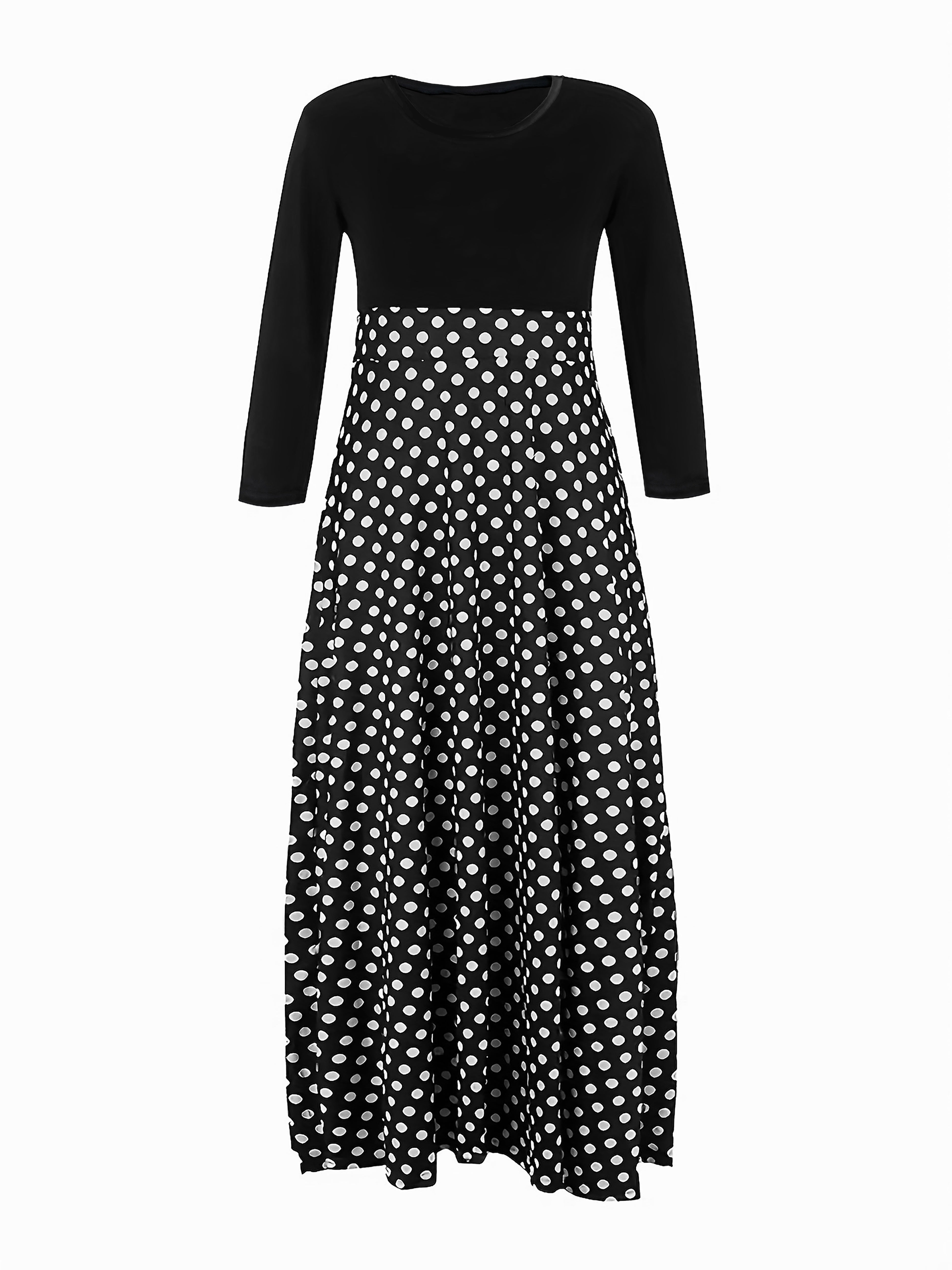 Plus Size Casual Dress, Women's Plus Colorblock Dot Print Long Sleeve Round Neck Maxi Dress