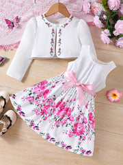 Girls Adorable Long Sleeve Cardigan & Floral Sundress Set - Soft & Stylish Two-piece Outfit for Daily Summer Adventures