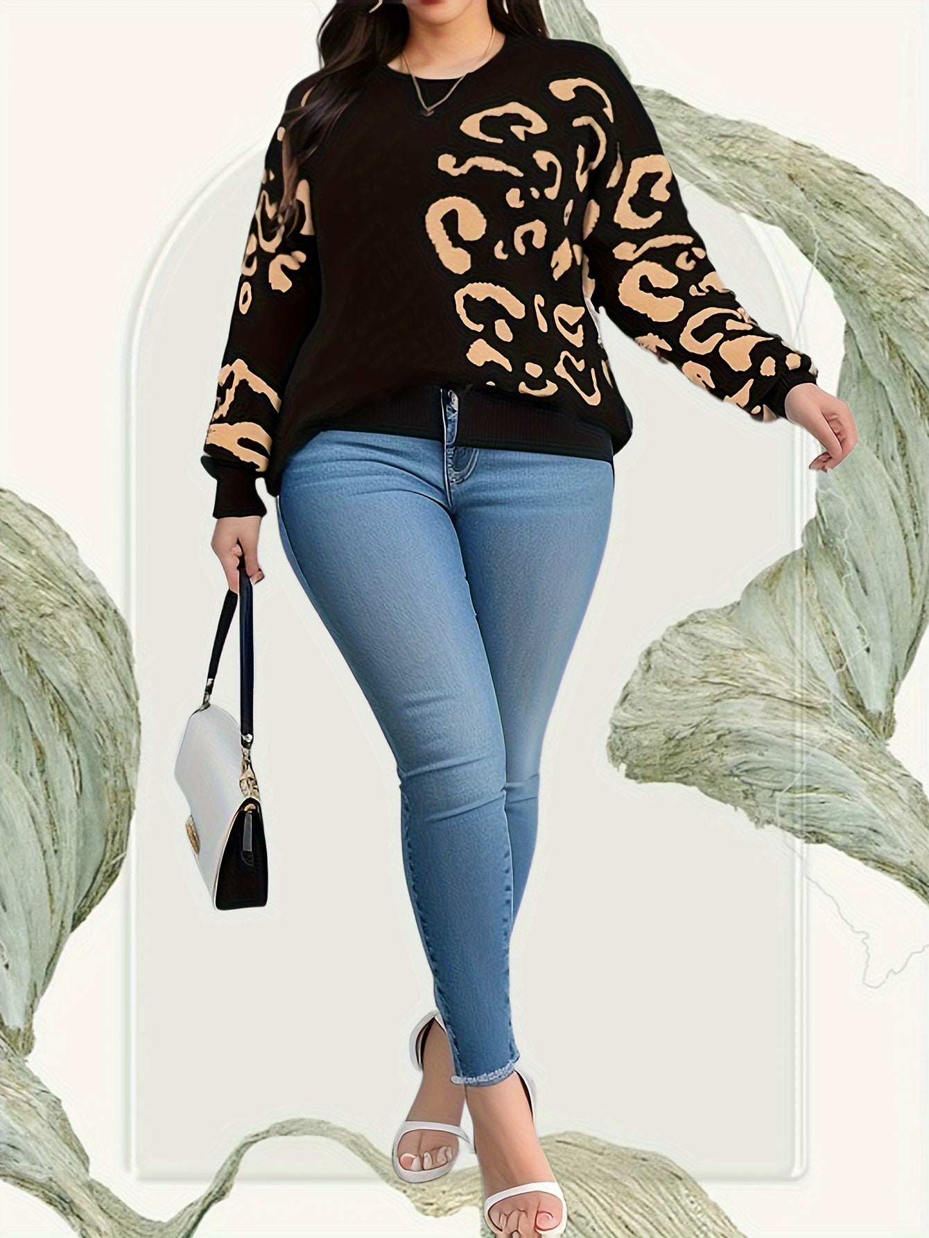 Plus Size Leopard Pattern Sweater, Casual Drop Shoulder Crew Neck Knitted Top, Women's Plus Size Clothing