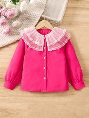 Girls Elegant & Chic Long Sleeve Layered Mesh Spliced Collar Button Up Blouse For Spring & Fall Outdoors