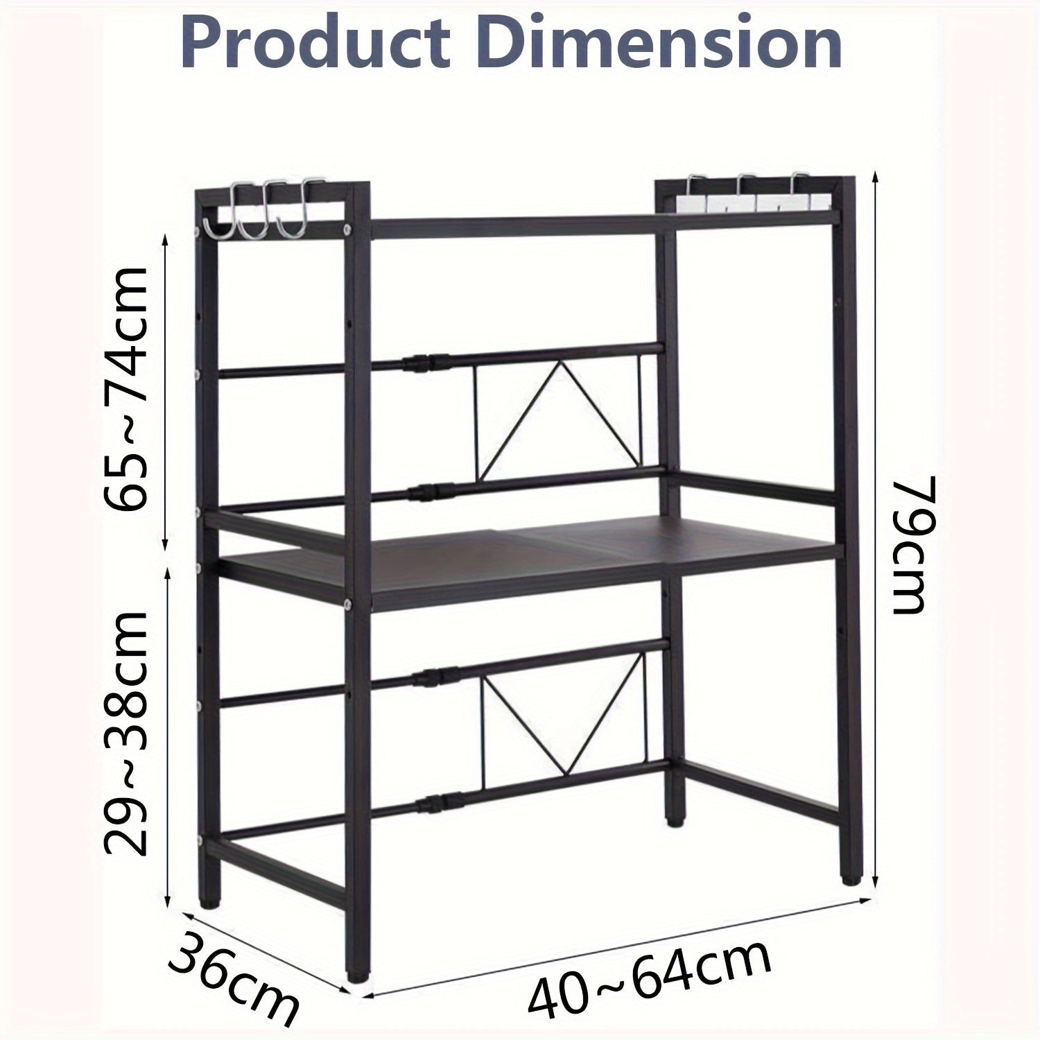 3 Tiers Expandable Microwave Oven Rack with 6 Hooks, Microwave Shelf Stand for Kitchen, Carbon Steel Kitchen Shelf Countertop Storage Organiser for Pots Pans Rice Cooker Black