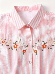 Floral Embroidered Striped Print Blouse, Cute Short Sleeve Blouse For Spring & Summer, Women's Clothing