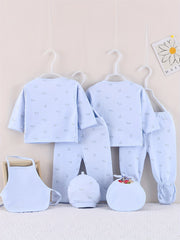 7pcs Newborn Outfits Gifts, Cute Graphic Baby Boys Girls Cotton Comfy Clothes Set - Footed Pants Cardigan Top Trousers Hat Bib Set