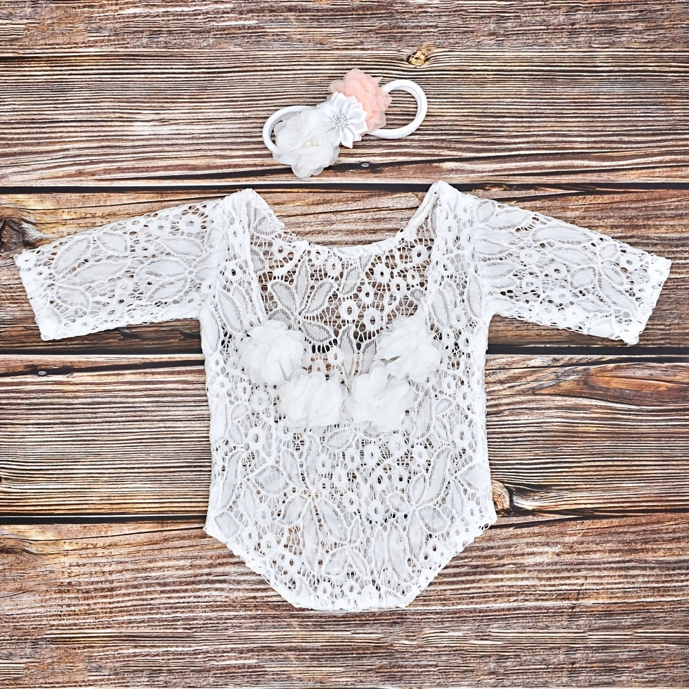 Newborn Lace Romper Photo Clothes, Headband With Artificial Diamond Pearl Hair Accessories, Infant Chiffon Lace Photography Long Sleeve Embroidered Stretch Lace Romper