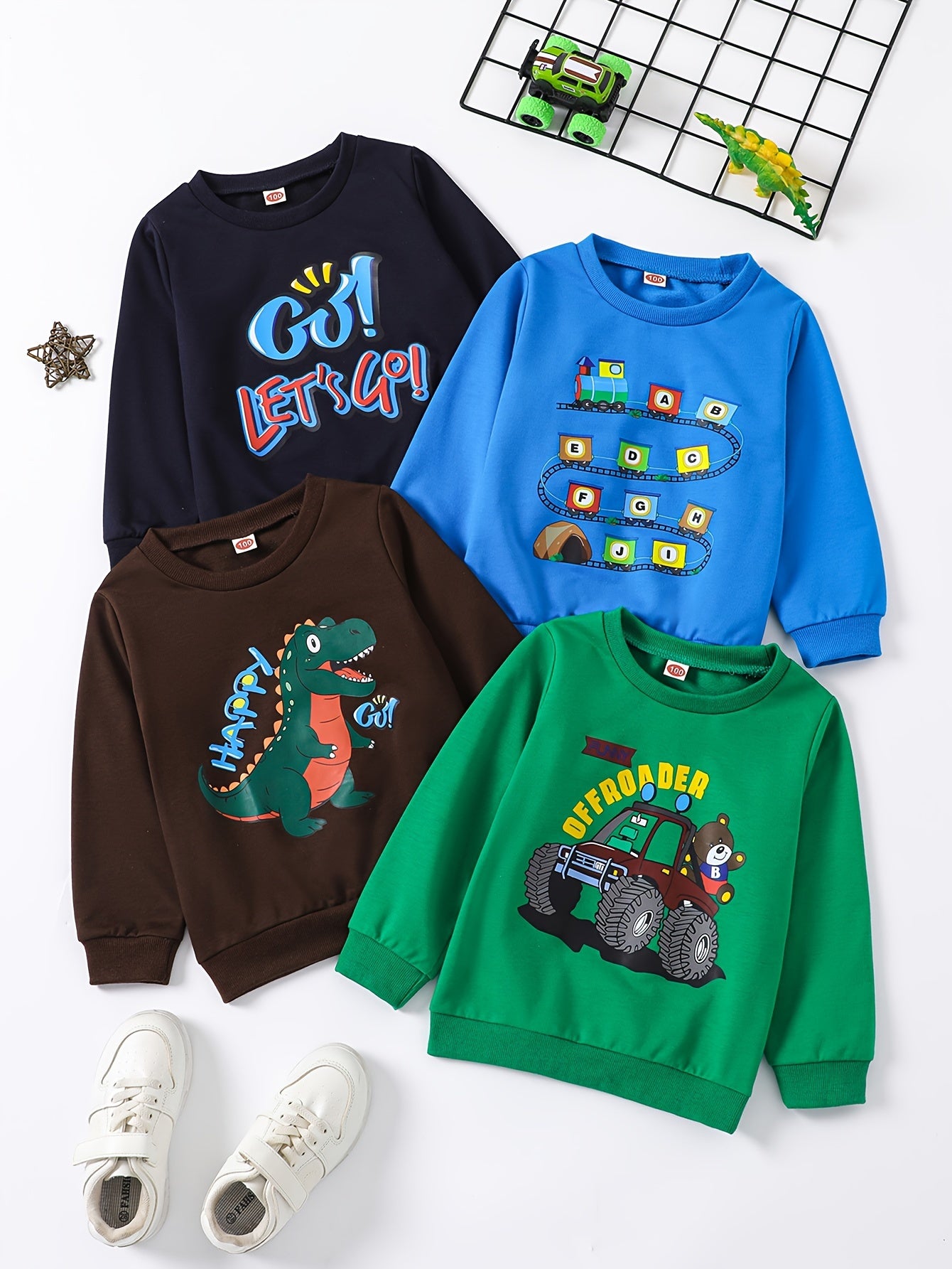 Boys' 4-Piece Sweatshirt Set with Bear Truck, English Letters, Dinosaur Train And Printed Pattern, Casual Sweatshirt And Long-Sleeved Top