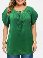 Plus Size Lace Stitching Lace Up T-Shirt, Casual V Neck Short Sleeve T-Shirt, Women's Plus Size Clothing