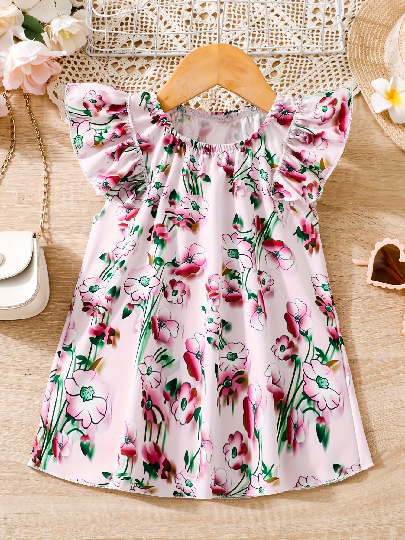 Girls Round Neck Small Scattered Flower Prints With Pretty Details And Cute Flutter Sleeves Dress